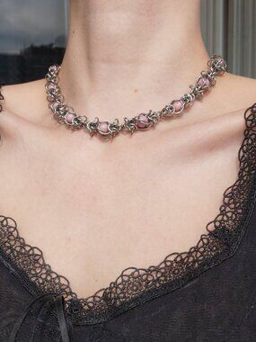 Fairy princess pink barbwire chain mail necklace with a small silver chain